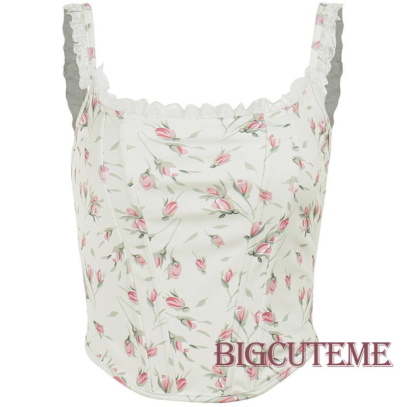 []] Áo Ba Lỗ In Hoa Viền Ren Có Dây Buộc Sau Lưng Cho Nữ