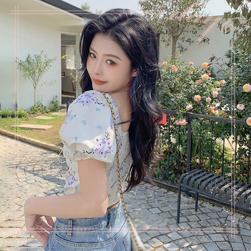 Áo Croptop Tay Phồng In Hoa Xinh Xắn Dành Cho Nữ