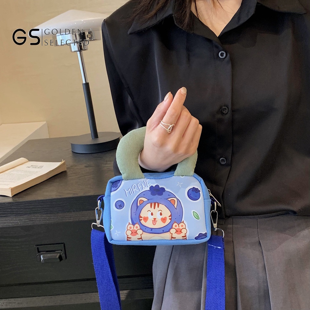 Túi Đeo Chéo Vải Canvas Mềm Dáng Vuông Nhỏ In Họa Tiết Hoạt Hình Vui Nhộn Dễ Phối Đồ Thời Trang Cho Nữ
