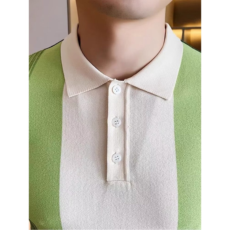 Áo Thun polo Ngắn Tay Vải Lụa Lạnh Mỏng Dáng Ôm Phối Màu Tương Phản Thời Trang Mùa Hè 2023 Cho Nam