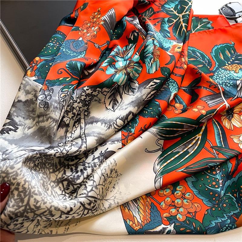 Khăn Choàng Vuông Cỡ Lớn 110cm Bằng Satin Họa Tiết Hoa Và Chim Thời Trang Mùa Hè