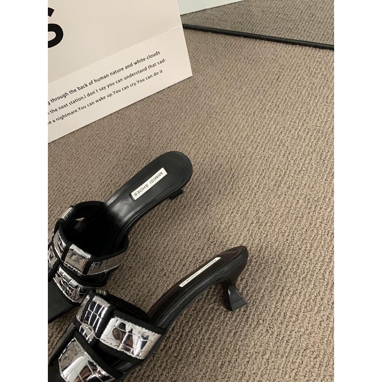 Dép Sandal Cao Gót Mũi Vuông Hở Ngón Quai Dệt Đơn Giản Phong Cách Retro Pháp Cho Nữ