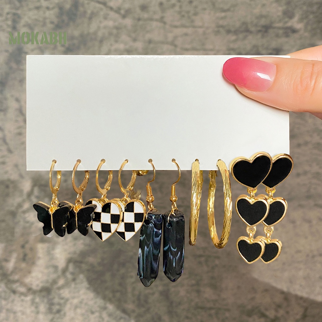 Set 5 Đôi Bông Tai Dạng Vòng Hình Học Họa Tiết Bướm / Trái Tim / Ngọc Trai Giả Màu Trắng Đen Thời Trang Cho Nữ