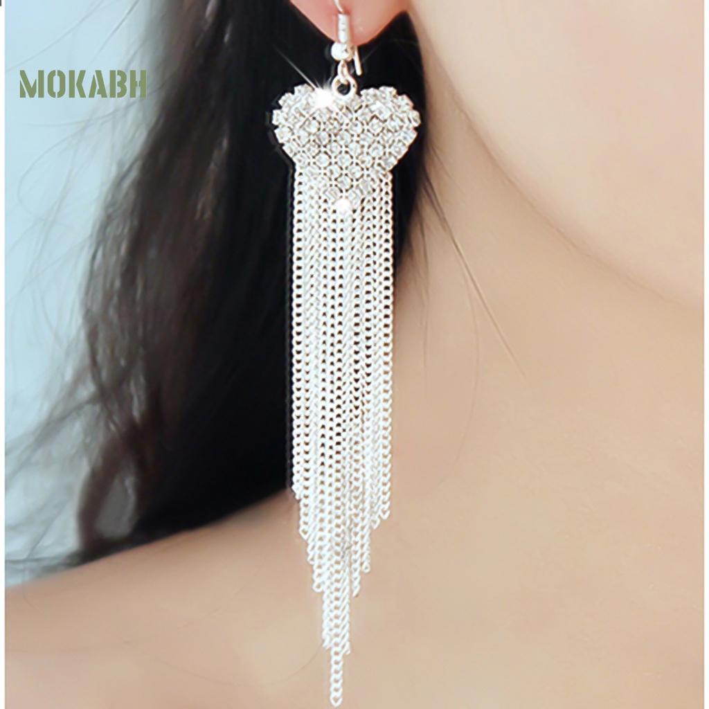 Bông Tai Dáng Dài Hình Trái Tim Phối Tua Rua Thời Trang Dự Tiệc Cho Nữ