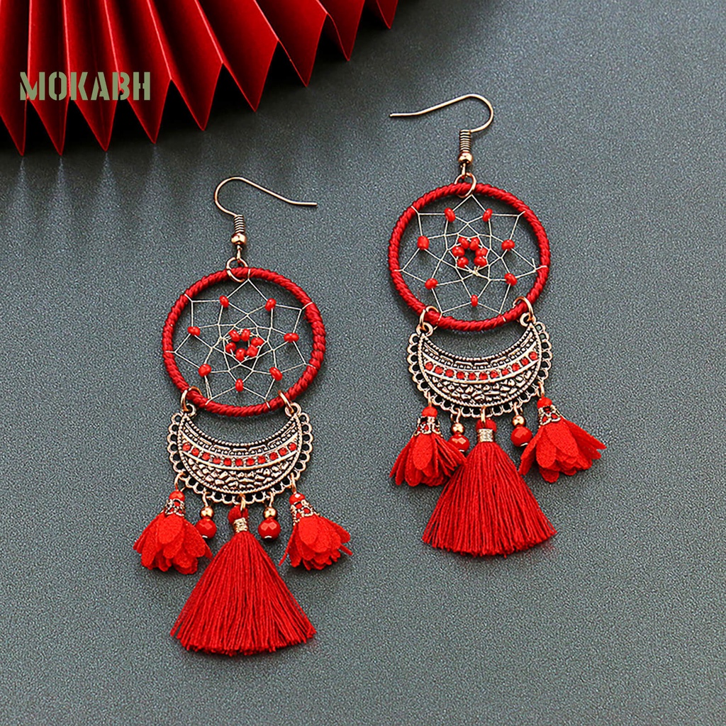 Bông Tai Dáng Dài Tua Rua Màu Đỏ Thời Trang Sang Trọng Cho Nữ