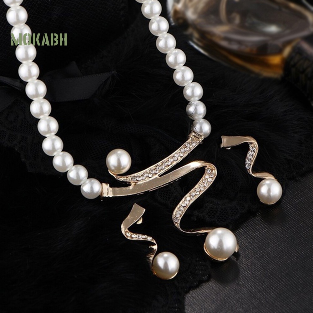 Bộ Vòng cổ + Bông Tai Đính Ngọc Trai Nhân Tạo &amp; Kim Cương Giả Cho Nữ