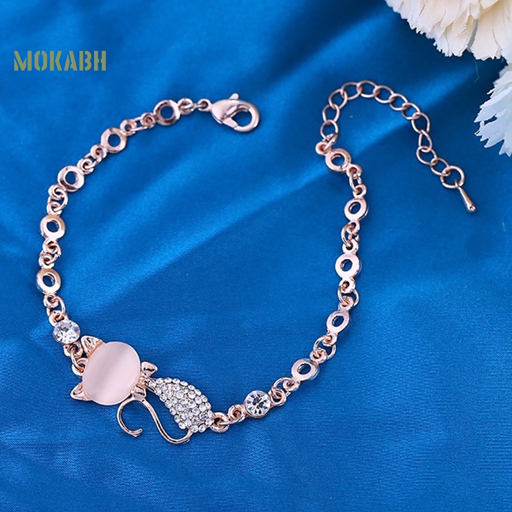 Vòng Đeo Tay Mặt Hình Mèo Đính Đá Opal Dễ Thương Cho Nữ