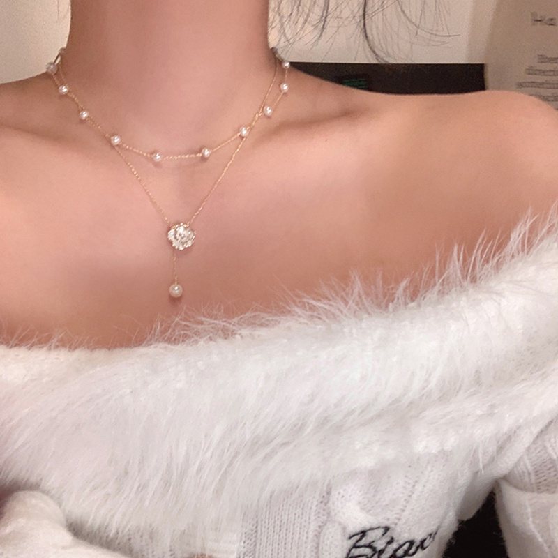 Vòng cổ Hai Lớp Đính Hoa Trà Và Ngọc Trai Sang Trọng Cho Nữ