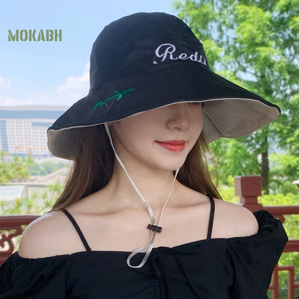 [Mok Abh] Nón Vành Tròn Dây Rút In Họa Tiết Cây Cối Và Chữ Cái Cho Nữ