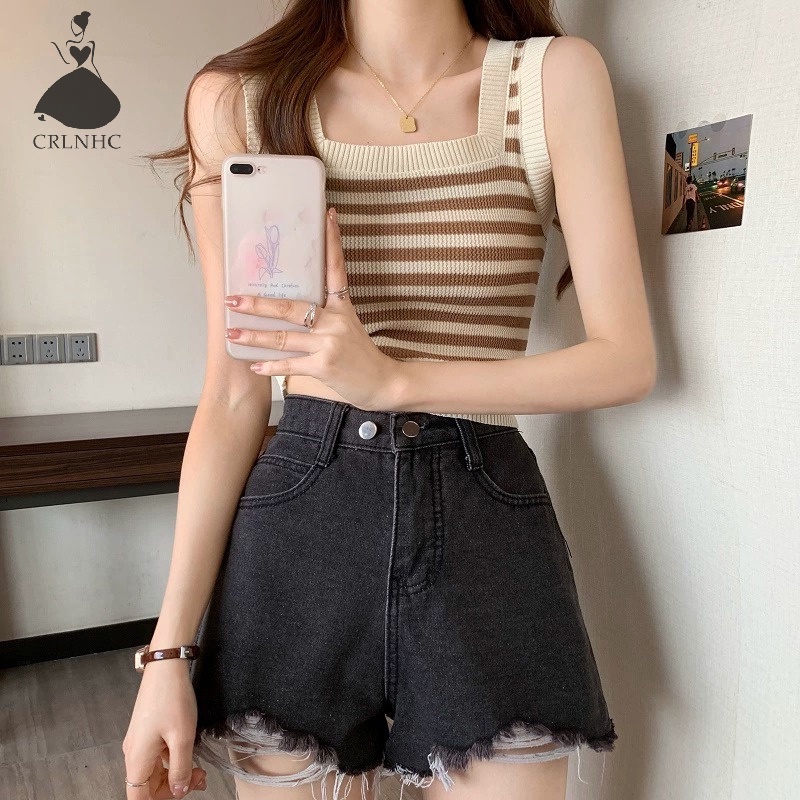 Áo Hai Dây Dệt Kim Kẻ Sọc Dáng Ôm Thời Trang Mùa Hè Vintage Cho Nữ