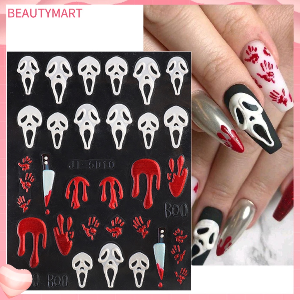 [beautymart] Nhãn Dán Móng Tay Bằng Resin Tự Dính Không Phai Màu Chống Nước Họa Tiết Kinh Dị Đầu Lâu