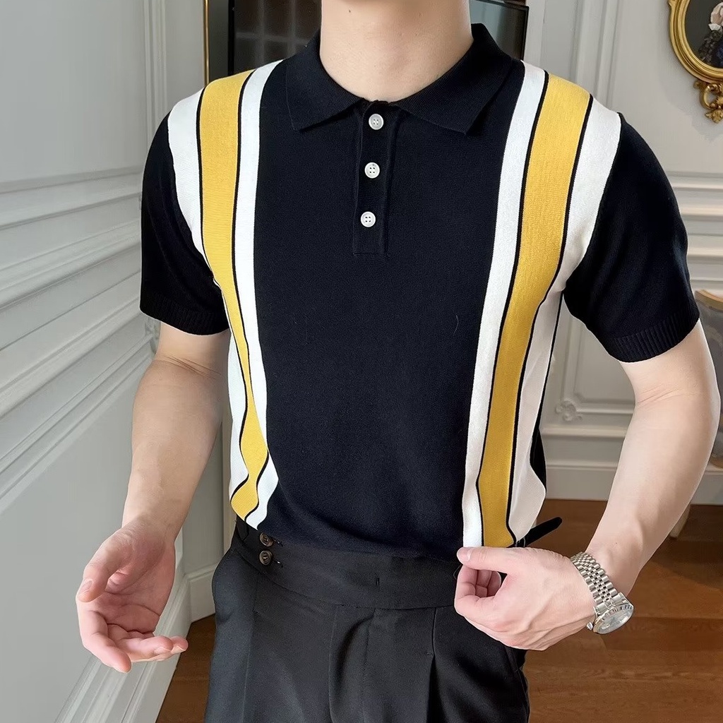 Áo Thun Polo Tay Ngắn Dáng Ôm Họa Tiết Kẻ Sọc Màu Đen Thời Trang Mùa Hè Cao Cấp Cho Nam