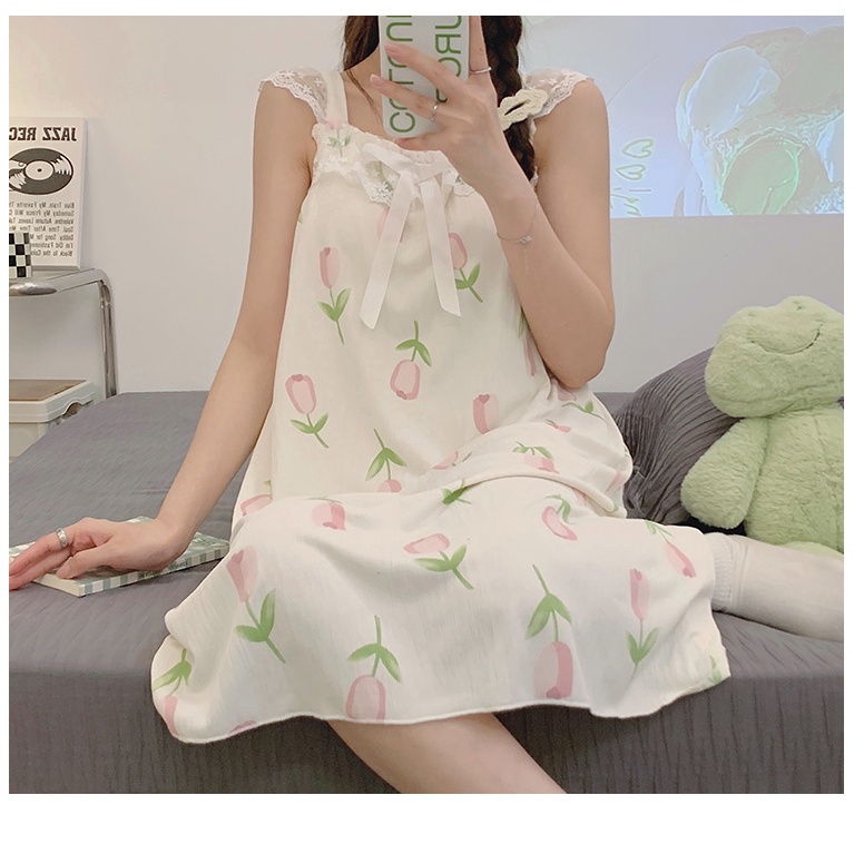 Đầm Ngủ Cotton Dệt Kim Phối Ren Có Đệm Ngực Phong Cách Công Chúa Ngọt Ngào Thời Trang Mùa Hè Kiểu Mới Dành Cho Nữ