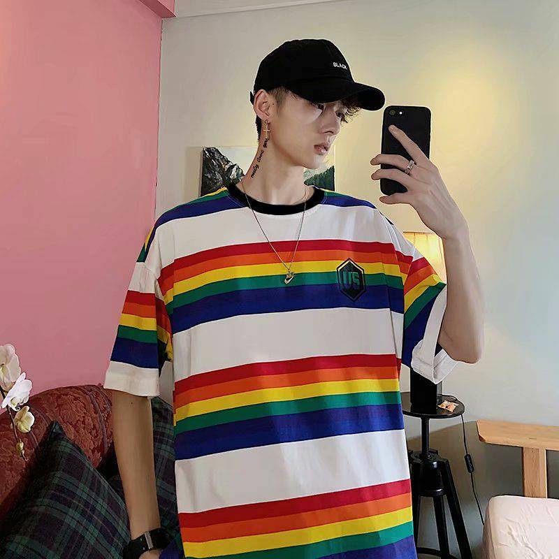 Summer Ins Rainbow Striped Short-Sleeved T-shirt Men and Women Couple Korean Style Fashion Brand Hip Hop Fried Street Loose Half Sleeve Shirt mdk3