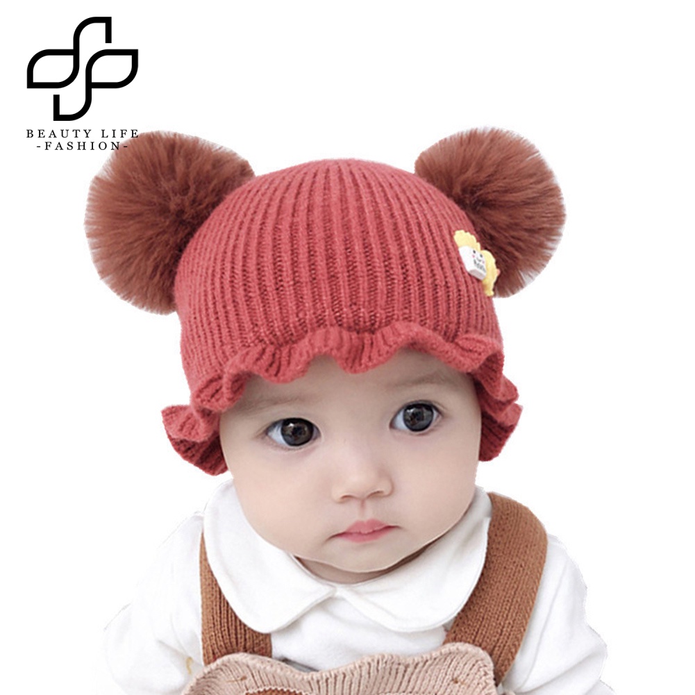 Mũ Len Beanie Đính Quả Cầu Lông Xù Giữ Ấm Tai Thời Trang Dành Cho Bé