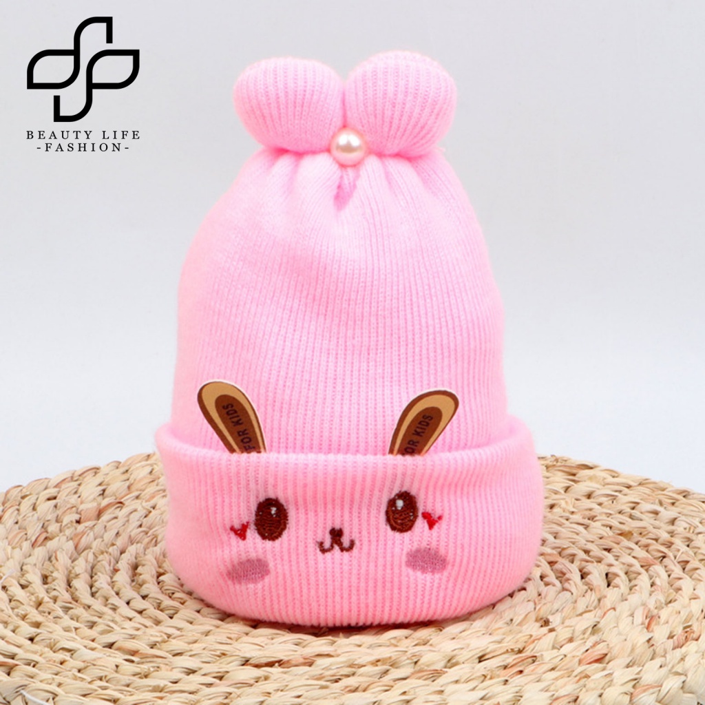 Mũ Beanie Dệt Kim Dày Dặn Đính Ngọc Trai Giả Thêu Hình Tai Thỏ Dễ Thương Thời Trang Thu Đông Cho Bé 0-6 Tháng Tuổi