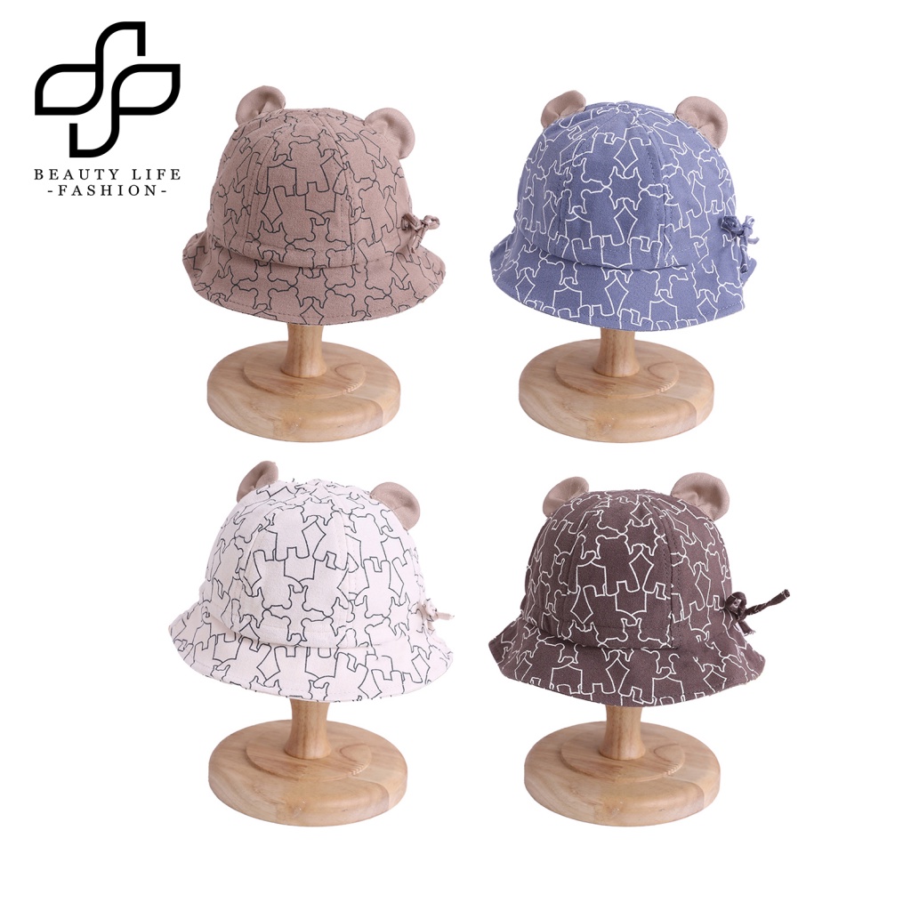 Nón Tai Bèo Tròn Mỏng Chống Nắng In Họa Tiết Gấu Hoạt Hình Màu Tương Phản Điều Chỉnh Được Cho Bé