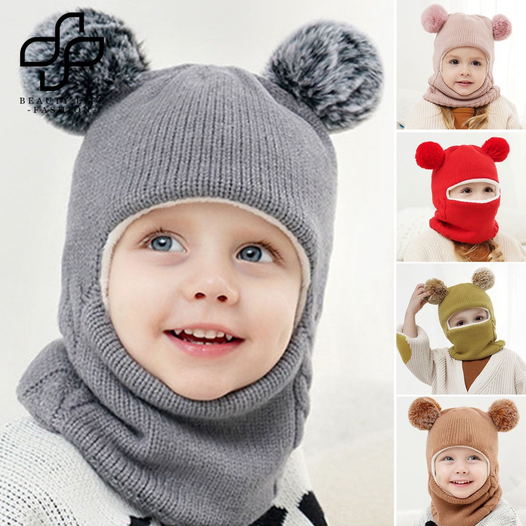 Mũ Beanie Dệt Kim 3 Trong 1 Co Giãn Dày Dặn Giữ Ấm Mùa Đông Cho Bé Trai Và Gái
