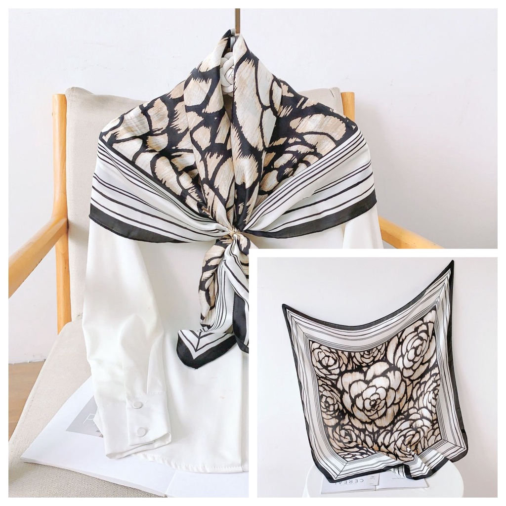 Khăn Choàng Lụa Mỏng Hình Vuông 90 * 90cm In Họa Tiết Hoa Trà Đen Trắng Thời Trang Mùa Hè Cho Nữ