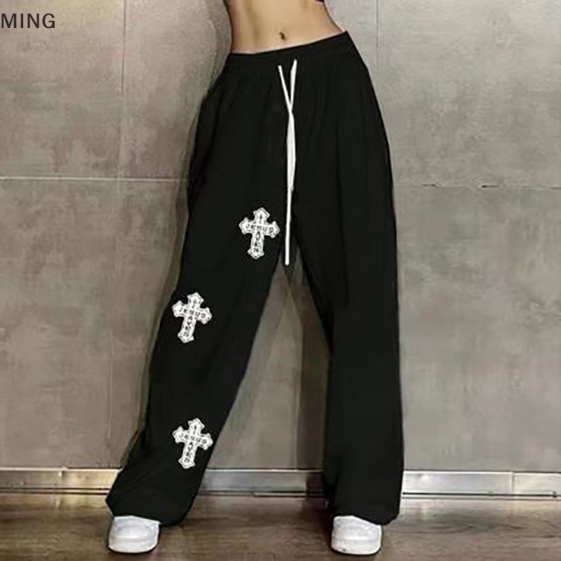 Quần Thể Thao Ống Rộng Lưng Cao Phong Cách Hip Hop Đường Phố Mỹ Cho Nữ