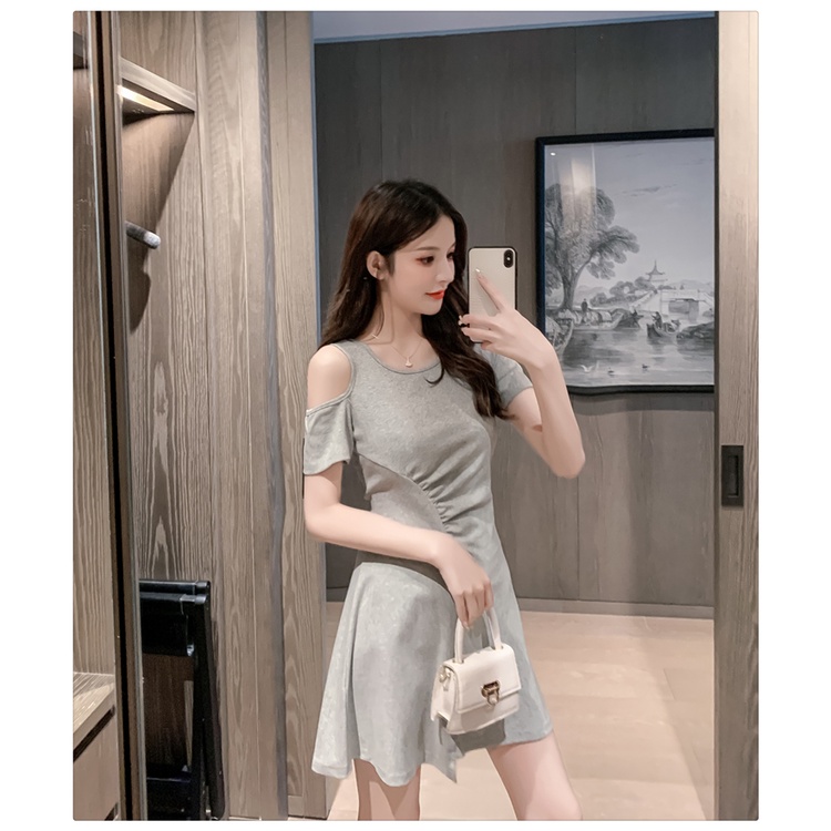 Đầm Chữ A Tay Ngắn Hở Vai Màu Trơn Đơn Giản Thời Trang Mùa Hè Phong Cách Hàn Quốc Cho Nữ