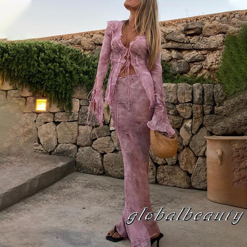 Bộ Trang Phục 2 Mảnh Gồm Áo Dài Tay Cổ Chữ V Thắt Dây Và Chân Váy Dài Thời Trang Mùa Xuân Cho Nữ