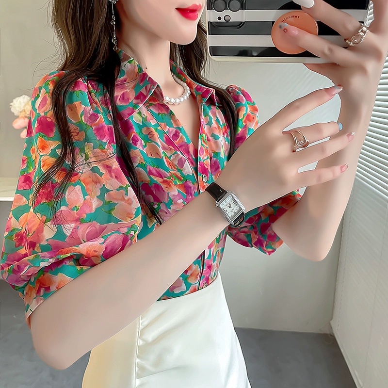 Áo Sơ Mi Chiffon Tay Ngắn Dáng Rộng In Họa Tiết Hoa Thời Trang Mùa Hè Xinh Xắn Cho Nữ