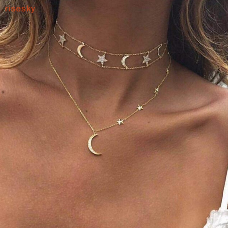 Vòng cổ Nhiều Tầng Hình Mặt Trăng Và Ngôi Sao Phong Cách Boho Thời Trang Cho Nữ