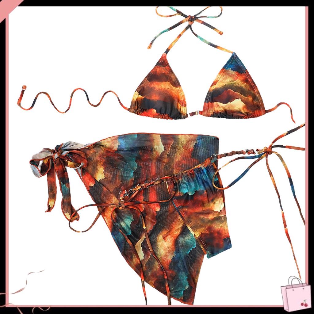 Bộ Đồ Bơi 3 Món Gồm Áo Ngực + Chân Váy + Áo Ngực + Dây Cột Màu Gradient Quyến Rũ