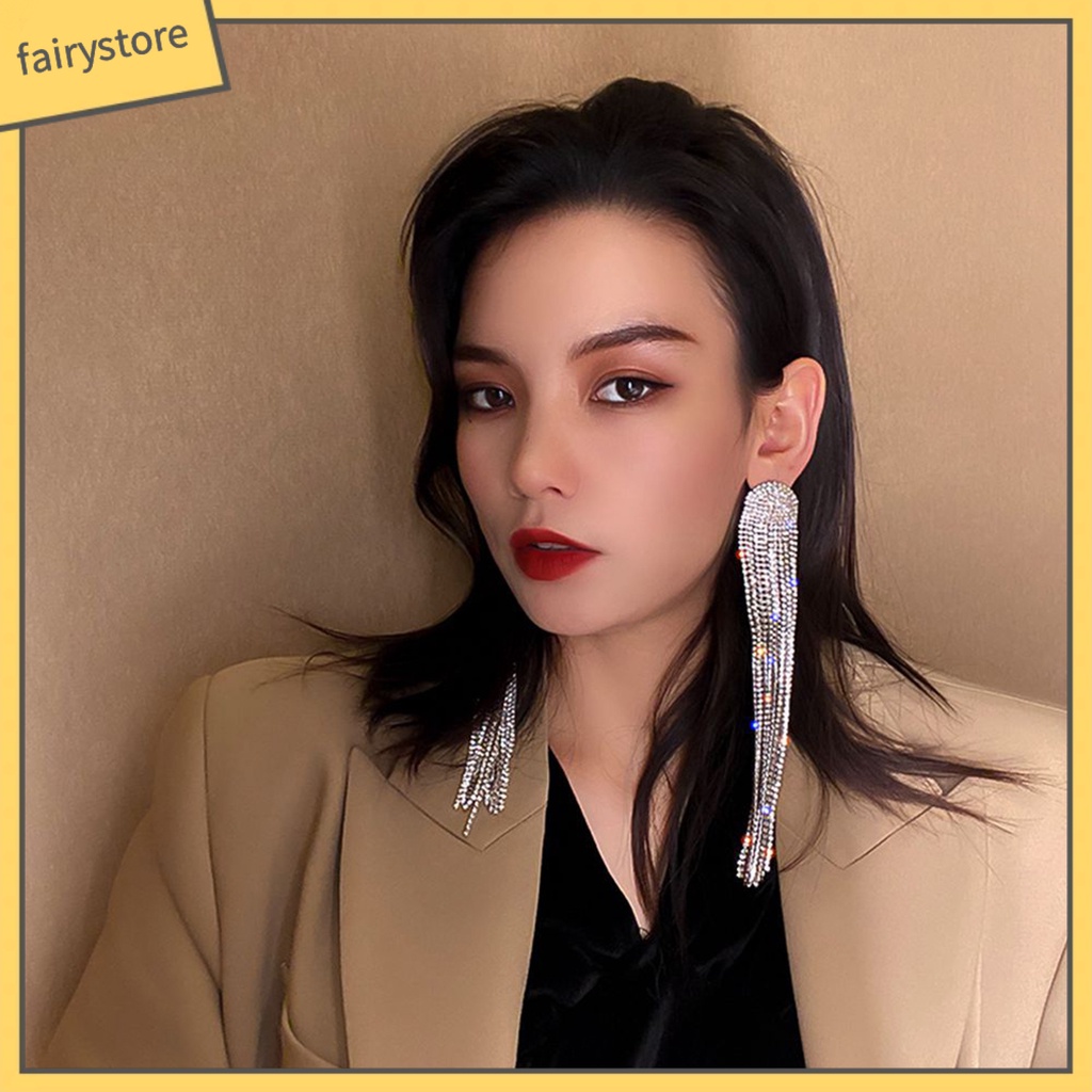 1 Đôi Bông Tai Dáng Dài Đính Đá Lấp Lánh Thời Trang Cho Nữ