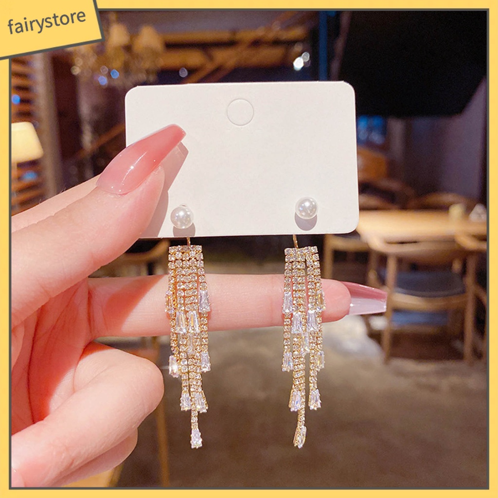 1 Đôi Bông Tai Dáng Dài Đính Ngọc Trai Giả Lấp Lánh Phong Cách Hàn Quốc