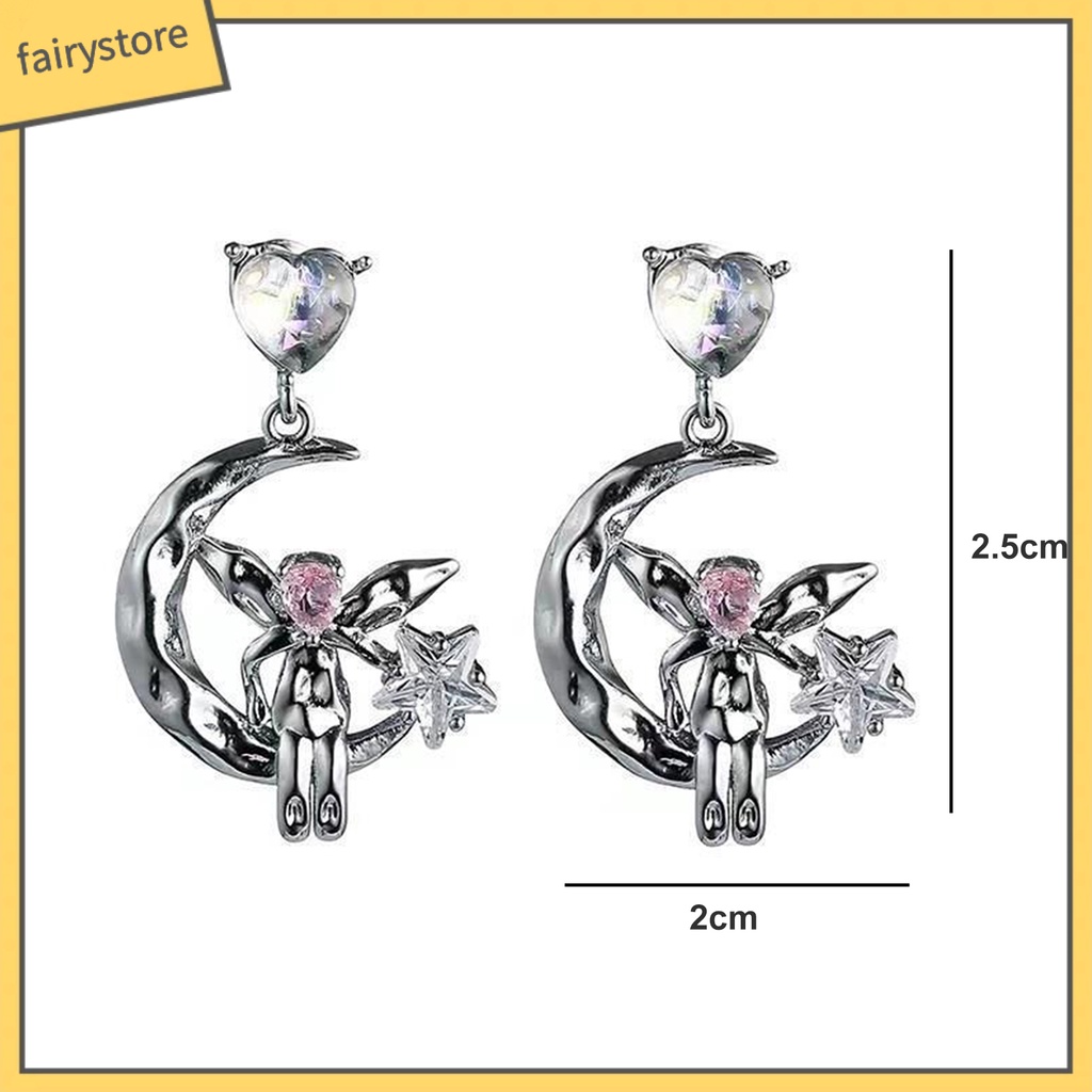 1 Đôi Bông Tai Hình Trái Tim Đính Đá Mặt Trăng Ngôi Sao Không Gây Dị Ứng Thời Trang