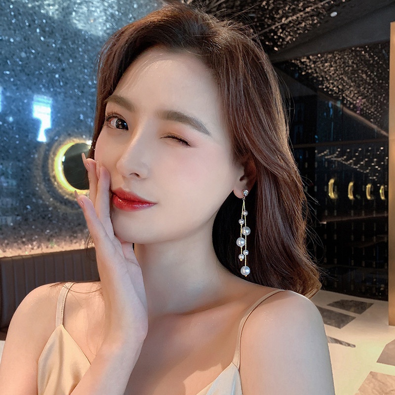 Bông Tai Mạ Bạc 925 Đính Ngọc Trai Tua Rua Phong Cách Cá Tính