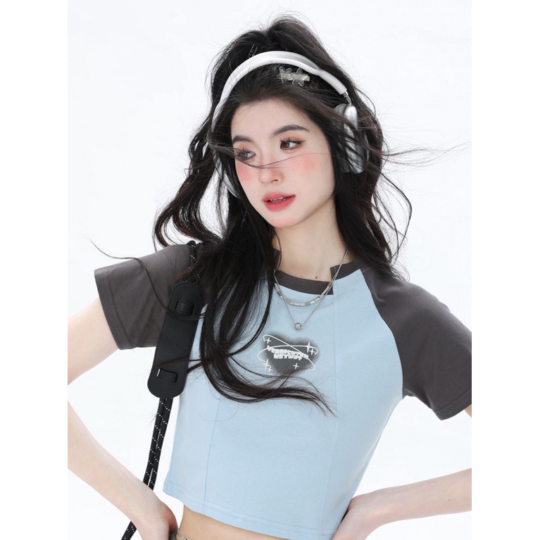 Áo Croptop Tay Ngắn Cổ Tròn Màu Sắc Tương Phản Phong Cách Retro Dành Cho Nữ