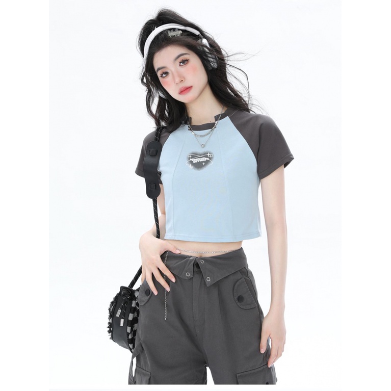 Áo Croptop Tay Ngắn Cổ Tròn Màu Sắc Tương Phản Phong Cách Retro Dành Cho Nữ