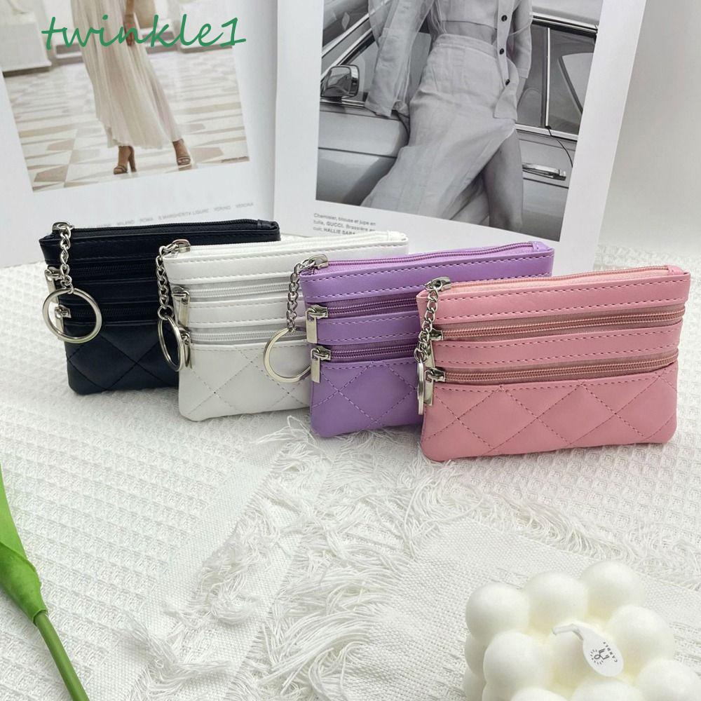 Ví Đựng Tiền Xu Và Thẻ ID Bằng Da PU Hai Lớp Họa Tiết Kẻ Sọc Kiểu Hàn Quốc Nhỏ Gọn Tiện Dụng Giá Đỡ