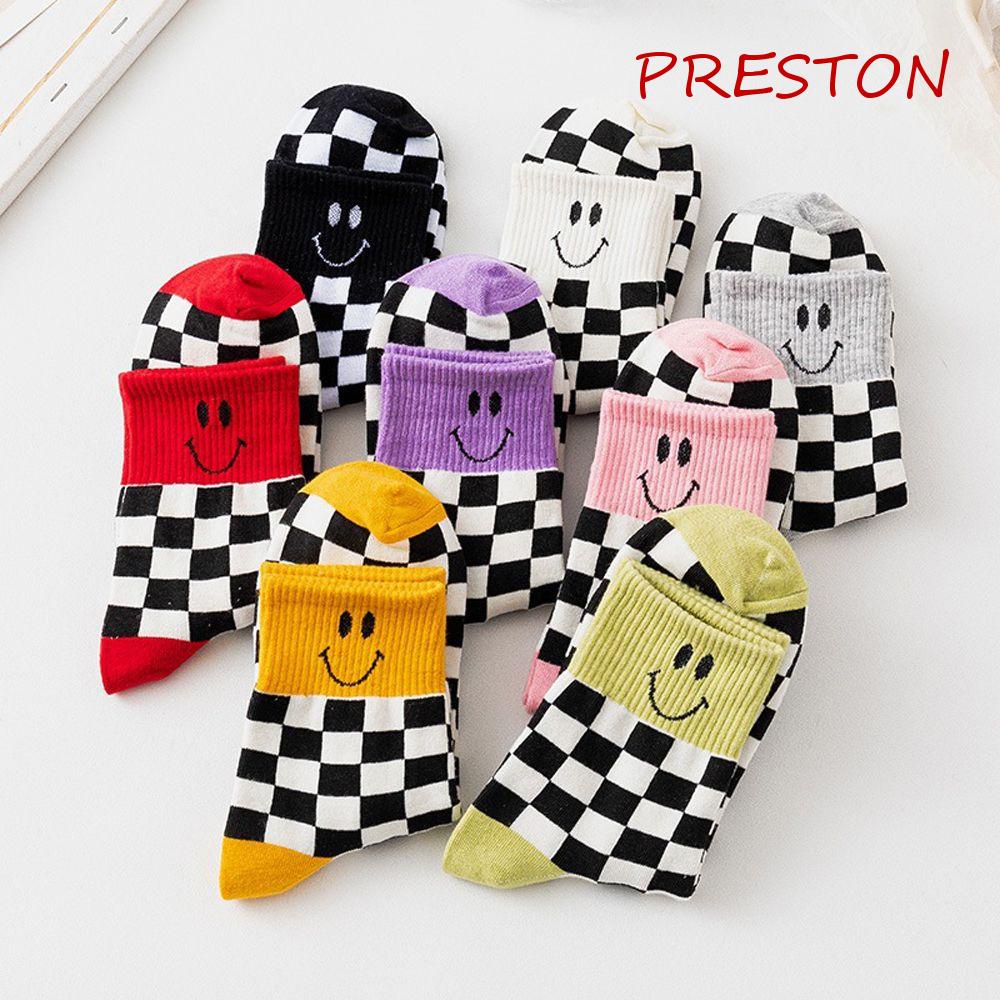 Vớ Cotton Thoáng Khí Họa Tiết Caro Mặt Cười Ngọt Ngào Thời Trang Thu Đông Cho Nữ