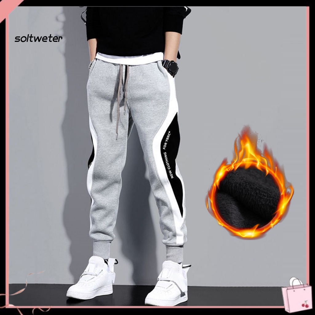 Quần Thể Thao Lưng Thun Lót Lông Dày Dặn Chống Gió Màu Sắc Khối Lập Phương Thời Trang Thu Đông Cho Nam