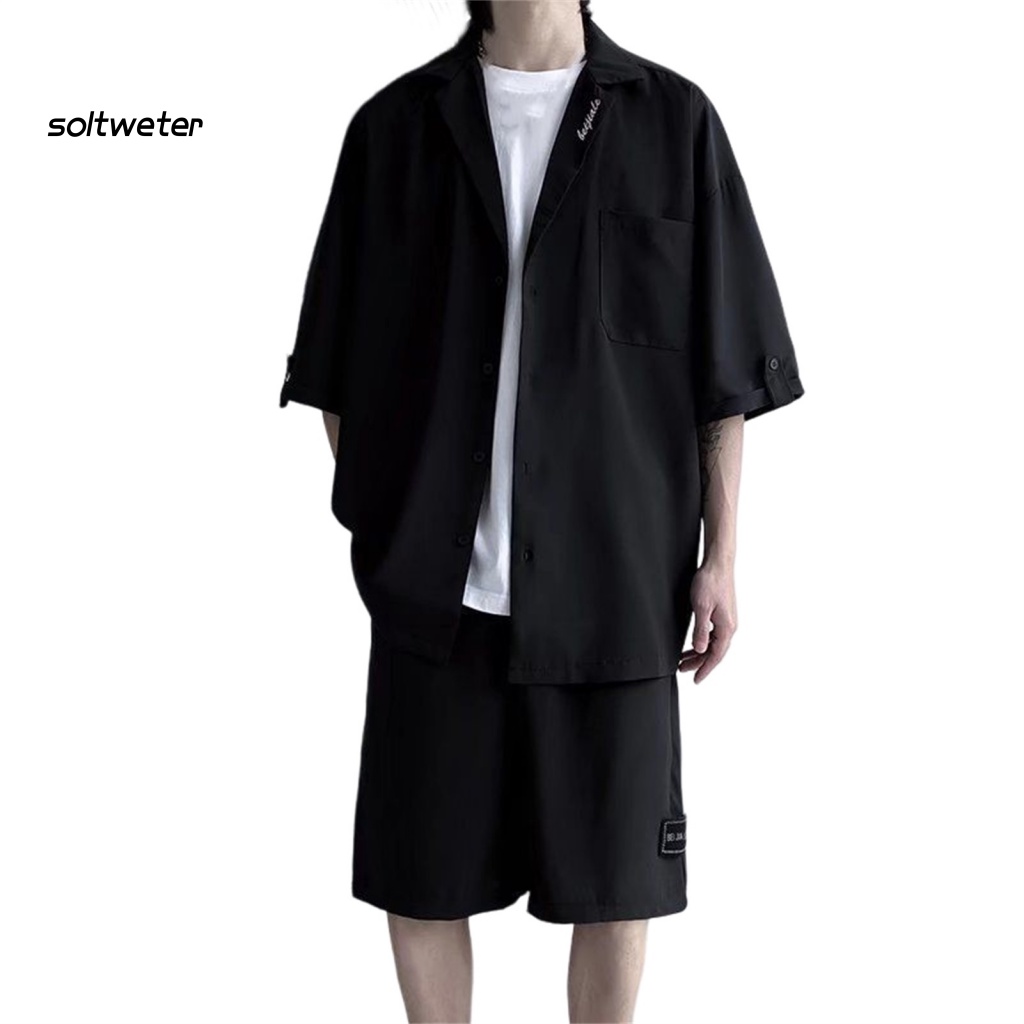 1 Bộ Áo Cổ Bẻ Màu Trơn Phối Quần Short Mỏng Thời Trang Đi Biển Mùa Hè Cho Nam