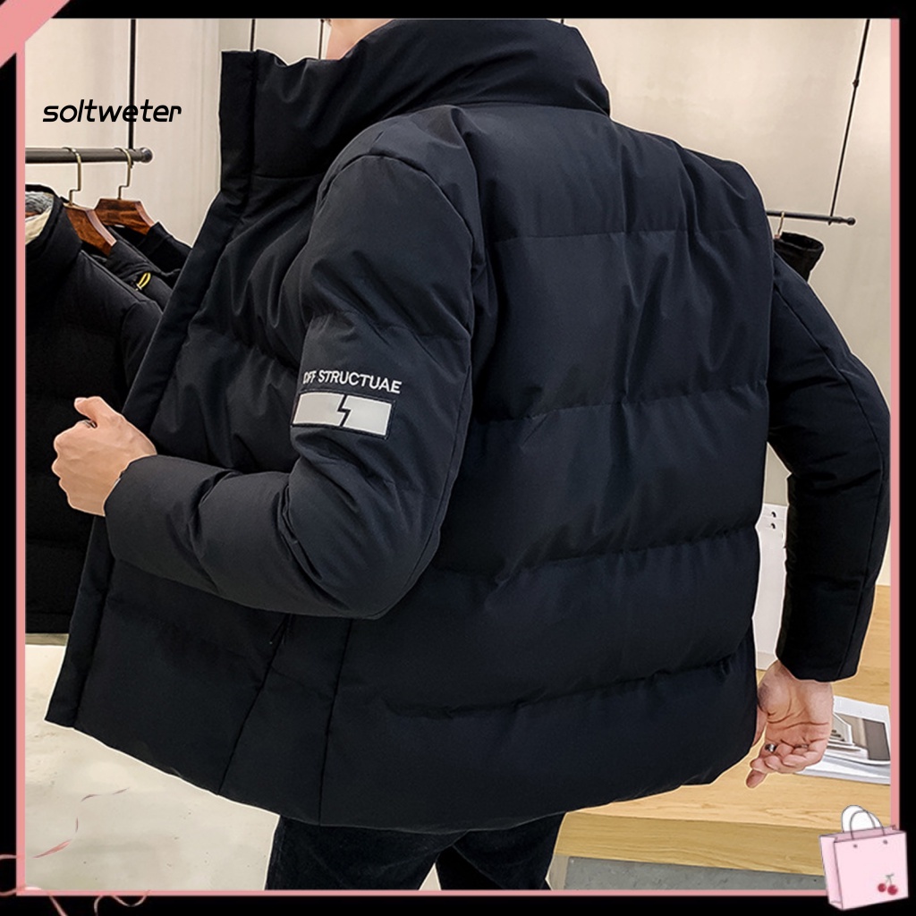 Áo Khoác Phao Cotton Màu Trơn Cổ Đứng Chống Lạnh Thêu Chữ Phong Cách Hàn Quốc Cho Nam
