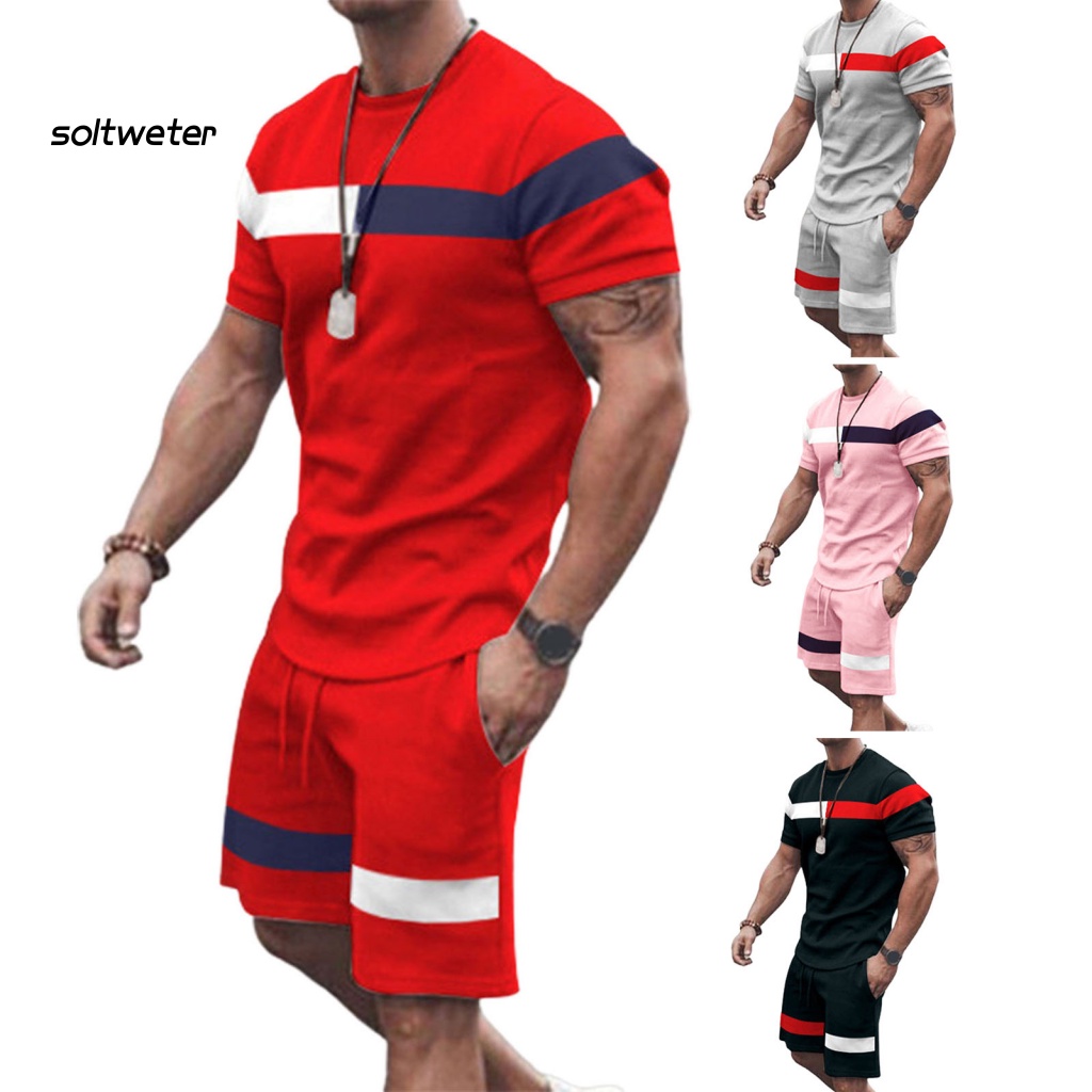 Bộ Đồ Thể Thao 2 Món Áo Thun Cổ Tròn Phối Quần Short Lưng Thun Màu Sắc Tương Phản Thời Trang Mùa Hè Cho Nam