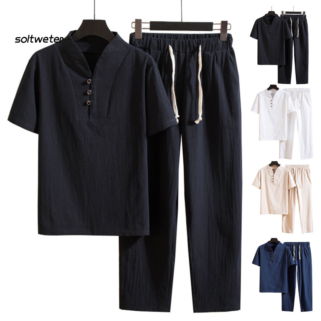 Set Đồ Mùa Hè 2 Món Gồm Áo Tay Cộc Cổ Chữ V Màu Trơn + Quần Dài Phong Cách Trung Hoa Cho Nam