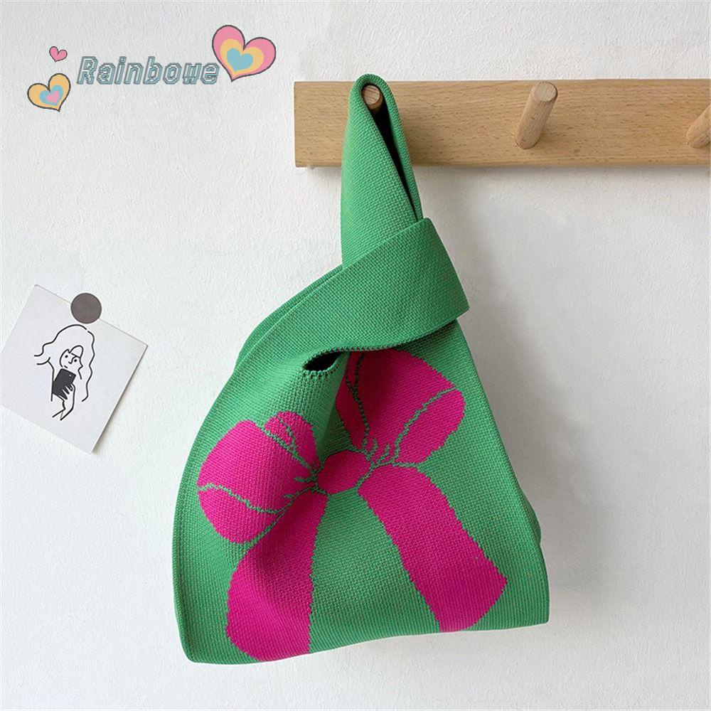 Túi Xách Đan Len Đính Nơ Màu Cầu Vồng Dễ Thương