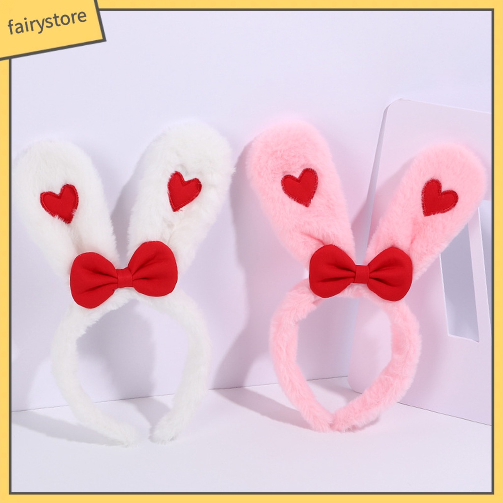 Băng Đô Cài Tóc Tai Thỏ Bằng Vải Bông Mềm Mại Co Giãn Đính Nơ In Họa Tiết Trái Tim Màu Tương Phản