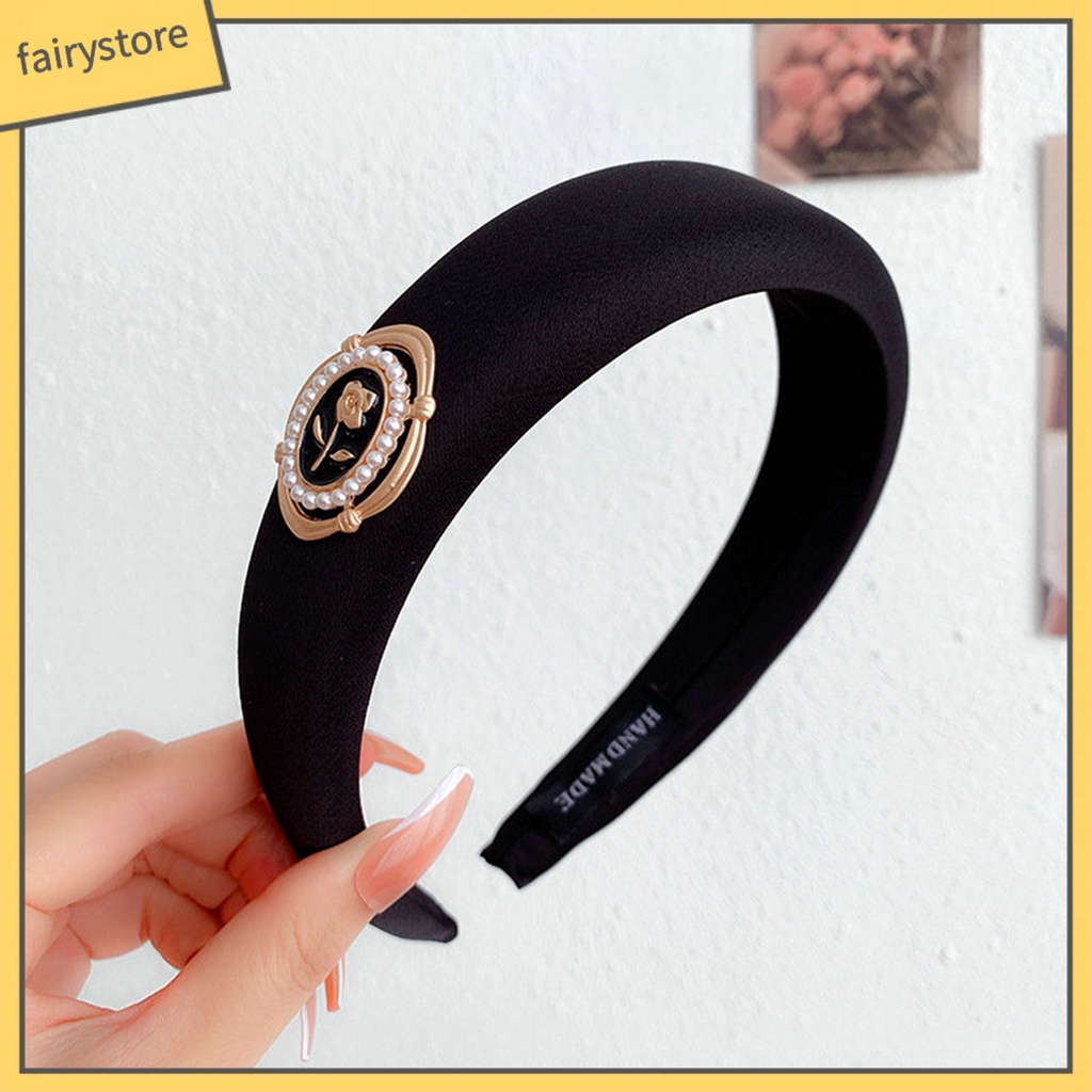 Băng Đô Cài Tóc Bản Rộng Đính Hoa Trà Và Ngọc Trai Nhân Tạo Màu Trơn Kiểu Vintage