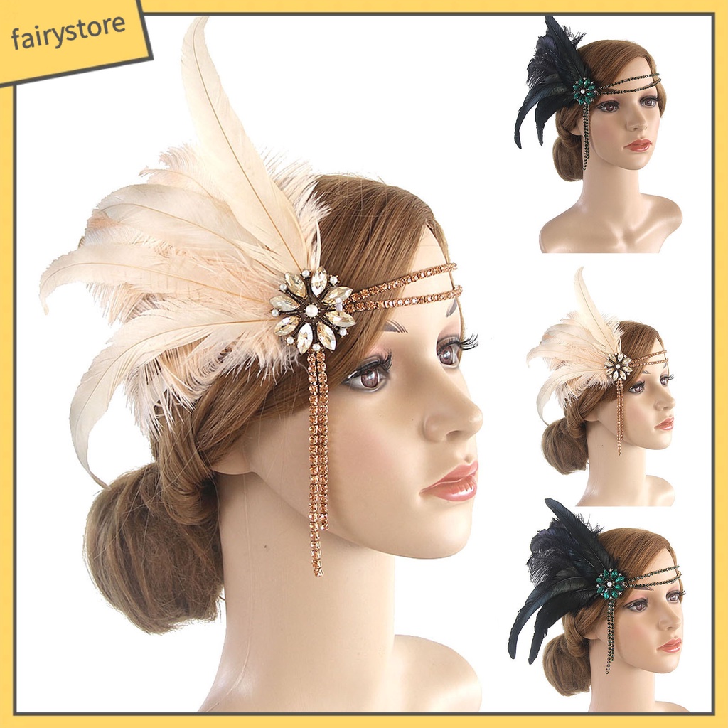 Băng Đô Cài Tóc Đính Đá Nhân Tạo Phối Lông Công Thời Trang