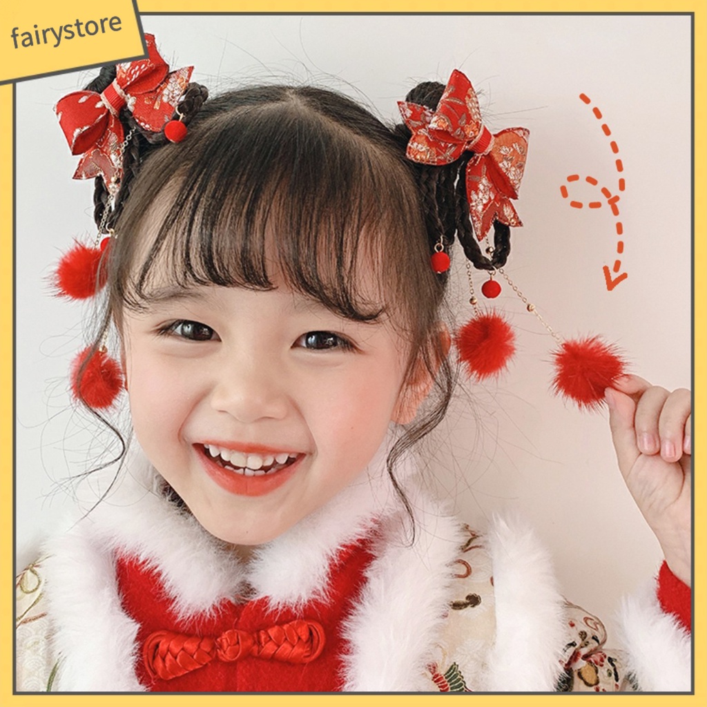 1 Cặp Kẹp Tóc Giả Đính Nơ Tua Rua Phong Cách Trung Hoa Ngọt Ngào Cho Bé Gái