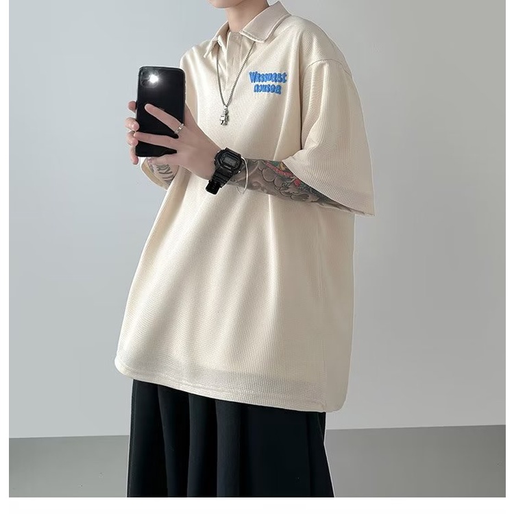 Áo Thun Polo Ngắn Tay Dáng Rộng Thêu Họa Tiết Đơn Giản Phong Cách Đường Phố Mỹ Thời Trang Mùa Hè Cho Nam