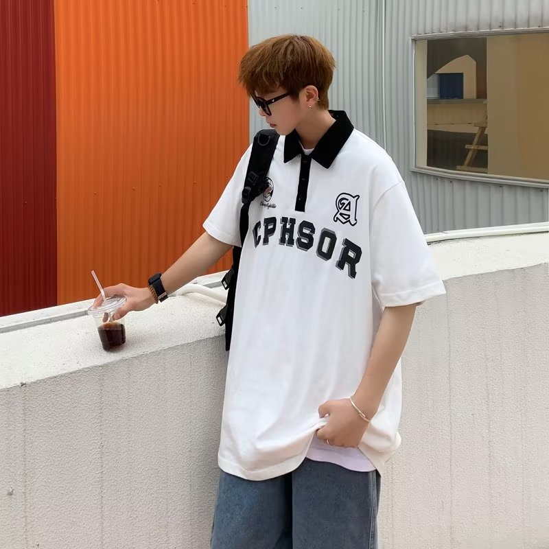 Áo Thun POLO Tay Ngắn Dáng Rộng In Chữ Phong Cách Đường Phố Mỹ Cá Tính Cho Nam