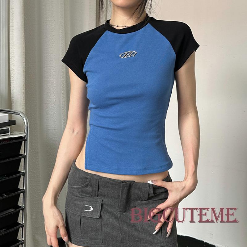 Áo Thun Crop Top Tay Ngắn Cổ Tròn Màu Sắc Tương Phản Thời Trang Xuân Hè Dành Cho Nữ
